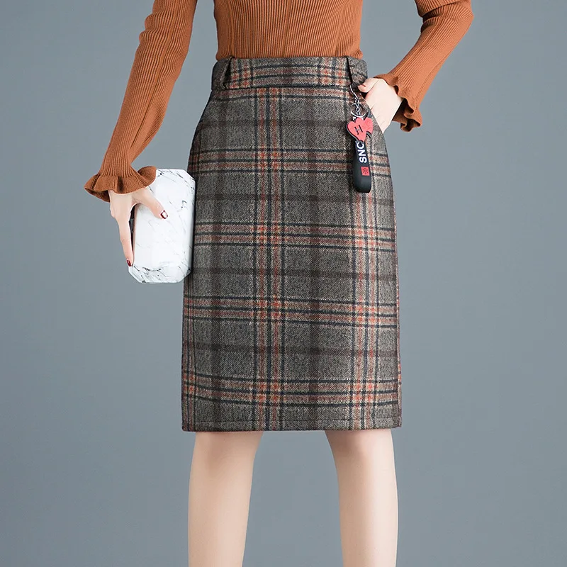 

Nantersan Women Woolen Skirt Autumn Winter Plaid Knee-Length Skirt Casual Office Lady High Waist Skirts