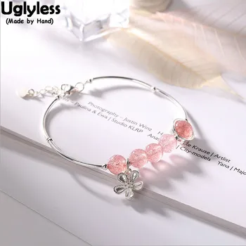 

Uglyless 100% Real 925 Sterling Silver Flower Charms Bracelets for Women Strawberry Quartz Balls Bangles Spinning Beads Jewelry