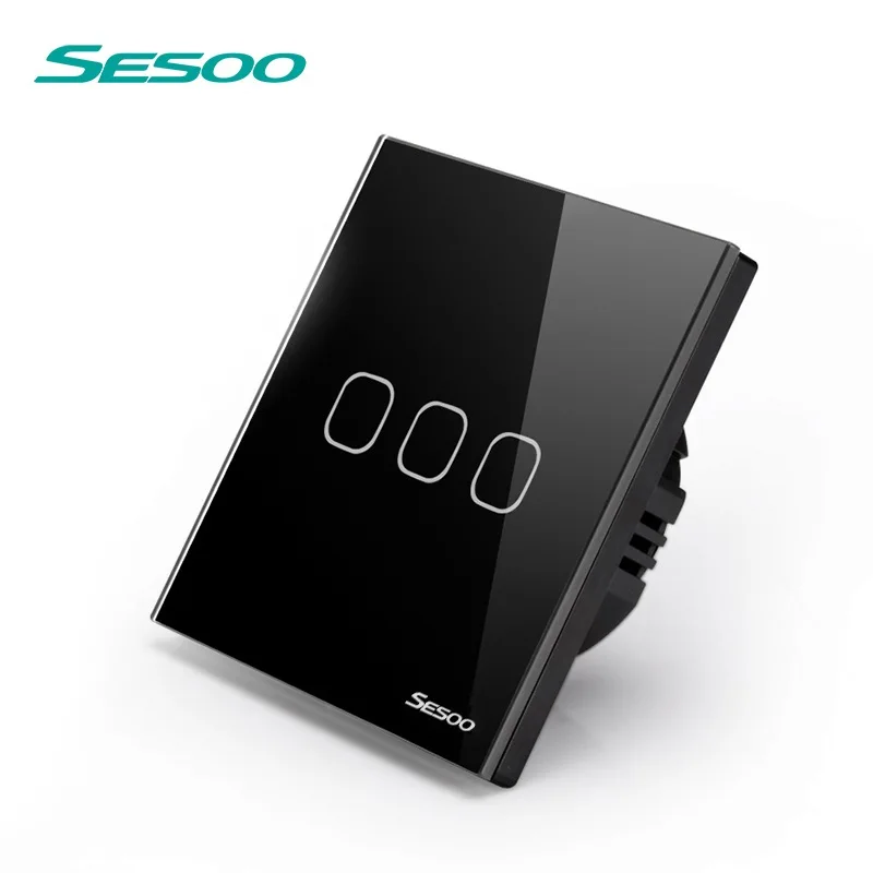 SESOO ЕС/Великобритания Стандартный сенсорный выключатель 3 банды 1 способ настенный светильник сенсорный выключатель-Хрустальная стеклянная панель переключателя - Цвет: SD2-03 Black 3gang