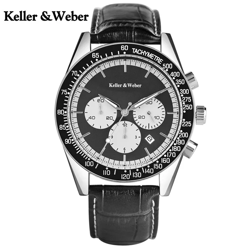 

Keller & Weber Quartz Wrist Watch Date Display Business Waterproof Water Resistant Men Watches Chronograph Leather Band relogio