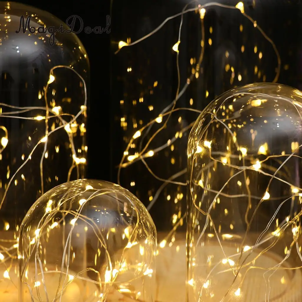 Glass Display Dome Cloche With Suspended LED Lights Tabletop Lamp Wedding Holiday Decor Crafts