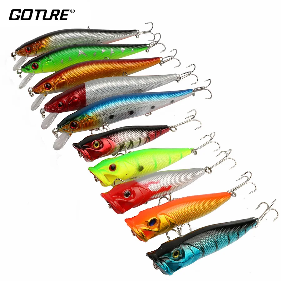 Goture 10pcs/lot Fishing Lure Set 16CM 23G Minnow 11CM 12G Popper Hard Lure Artificial Bait For