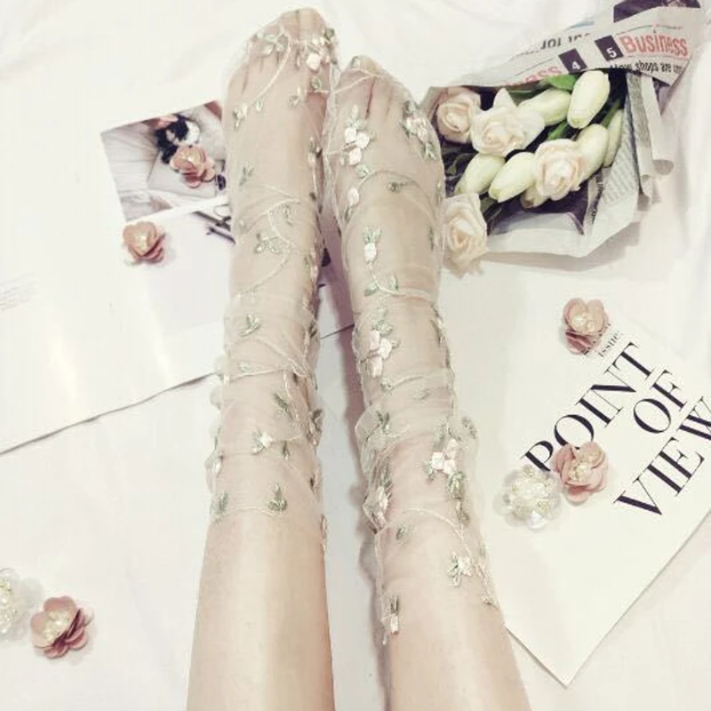 2 пары для женщин кружево сетки цветочный носки из сетчатого материала цветок вышивка чулочно-носочные изделия