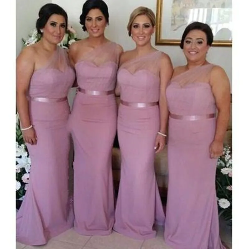 Mermaid Bridesmaid Dresses 2017 Sweetheart Sleeveless Zipper One Shoulder Floor Length Chiffon Ribbons Long Wedding Party Gowns | Свадьбы и