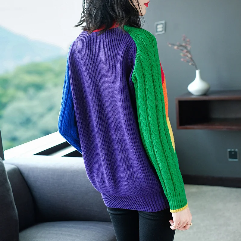 Rainbow striped half turtleneck elastic knit pullovers sweater 2018 new long sleeve women autumn winter thick loose sweater Rainbow striped half turtleneck elastic knit pullovers sweater 2018 new long sleeve women autumn winter thick loose sweater