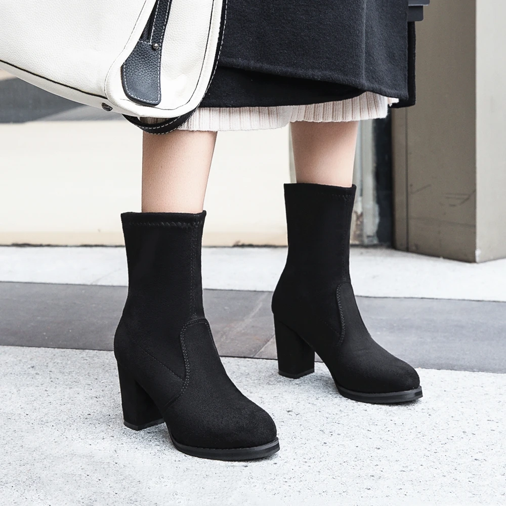 

Fashion Black Sock Women Boots Winter Plush High Heel Ankle Boots Slip-on Ladies Shoes Autumn Women Casual Shoes botas mujer