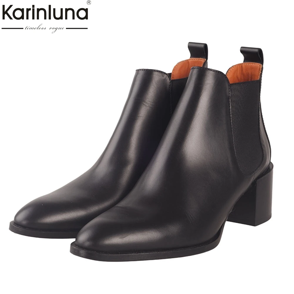 

Women's 2019 Luxury Brand Retro square high heel genuine leather Ankle Boot Women Shoes fashion Chelsea boots female shoes Woman