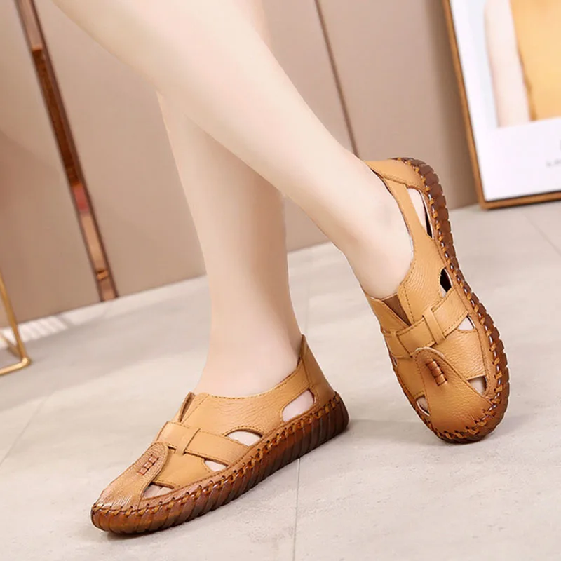 Women's Sandals 2019 Summer Genuine Leather Handmade Ladies Shoe Leather Sandals For Women Flats Retro Style Mother Shoes