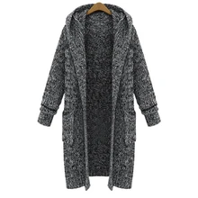 Большой размер женский осенний и зимний Европейский и длинный толстый вязаный свободный свитер с капюшоном пальто женский свитер кардиган