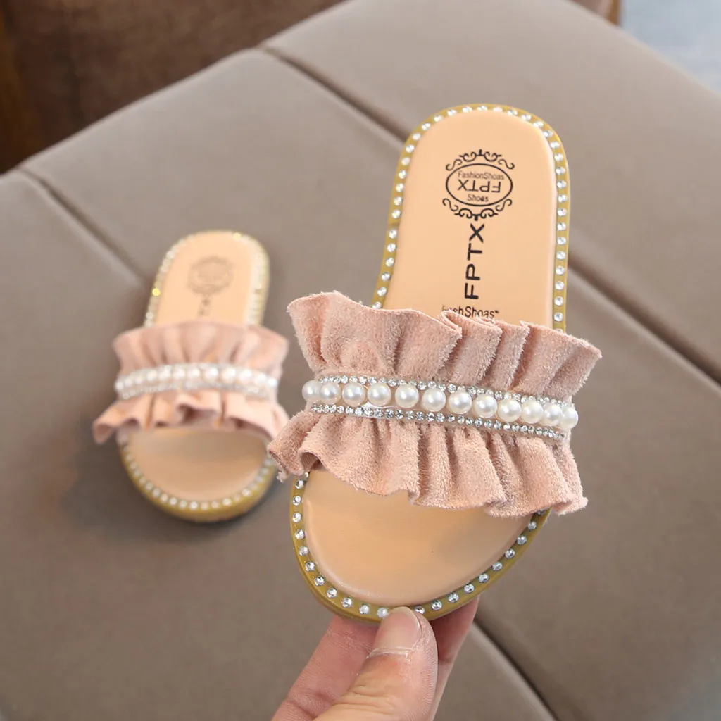 Kids Sandals Toddler Baby Girls Sandals Pearls Crystal Ruffles Princess Shoes Slippers Comfortable Casual Summer Shoes