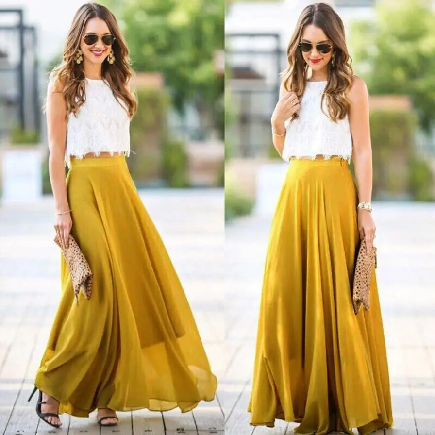 CHAMSGEND Women Chiffon Stretch High Waist Maxi Skirts Skater Flared ...