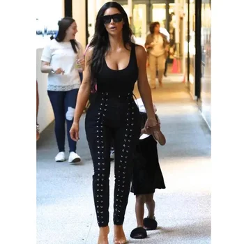 

P004 kim kardashian skinny bandage crisscross straps on eyelet women pants