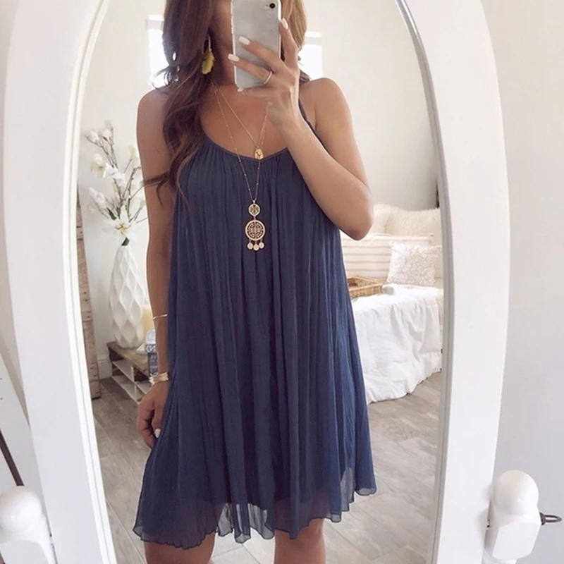 

Boho Style Women Dress Casual Summer Sleeveless Strap Solid Mini Beach Dress Female Plus Size SJ2077O