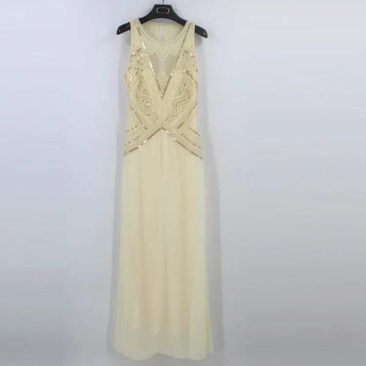 

1920s Great Gatsby Flapper Dress Long Party Gown Geo Sequined Beaded See-Through Mesh Floor Length Maxi Formal Dress Vestidos