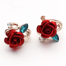 

2018 Fashion Big Red Flower Button Earring Stud for Women Romantic Green Zicron Leaf Rose Flower Alloy Earrings Wedding Jewelry