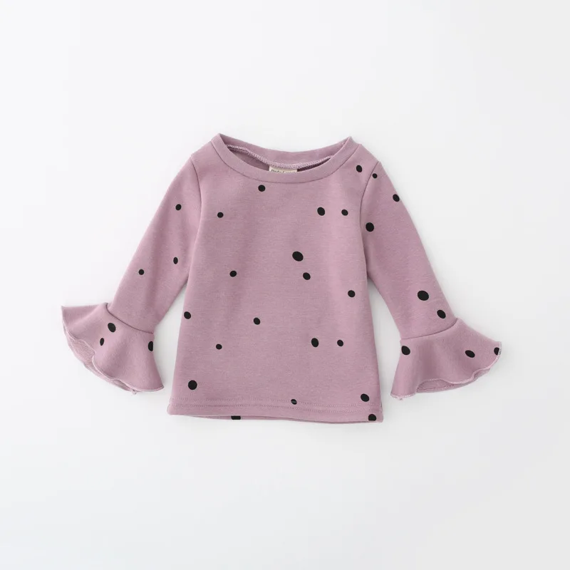 Зимние футболки для маленьких девочек; бархатные плотные Теплые Топы для маленьких девочек; блузка с оборками на рукавах; свитера в горошек; одежда для малышей; DQ719