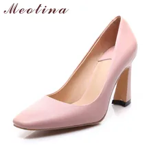 Natural Genuine Leather Fashion Women’s Pumps Square Toe Office Chunky High Heels Female Plain Pink Shoes