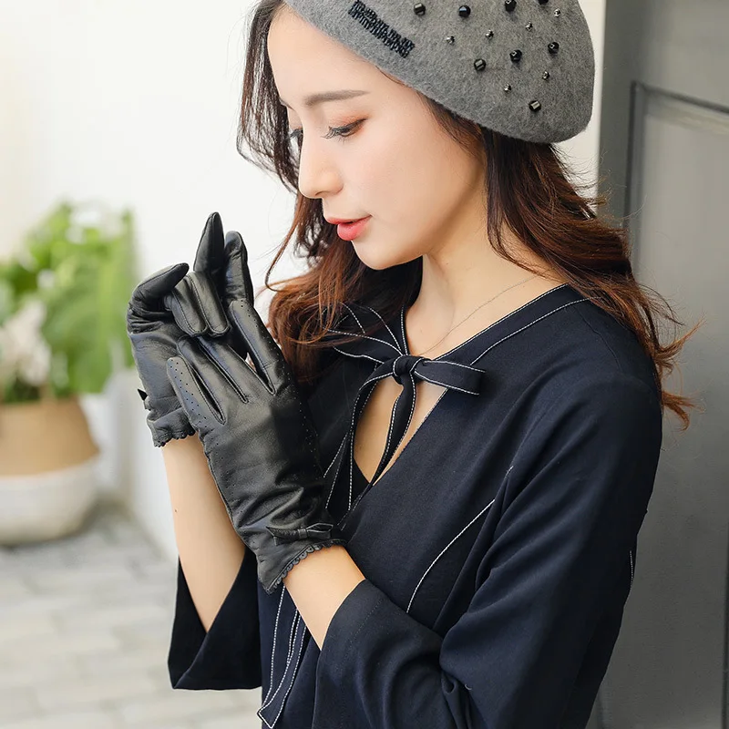 Genuine Leather Women Gloves Winter Thicken Plush Lined Keep Warm Wrist Lace Goatskin Driving Female Mittens ZX92