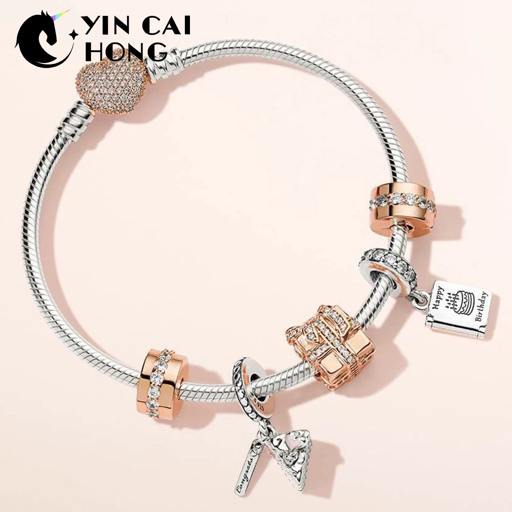 

YCH 100% 925 Sterling Silver ROSE SPARKLING SURPRISE CHARM Birthday Wishes Card CELEBRATION CAKE HANGING CHARM Bracelet Set