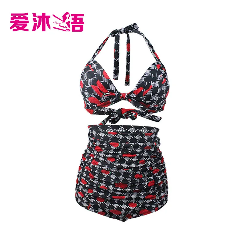 

Large Size Swimwear Women 2018 Two Piece Beach Wear Roses High Waist Push Up Plus Size Bathing Suits Size S~3XL