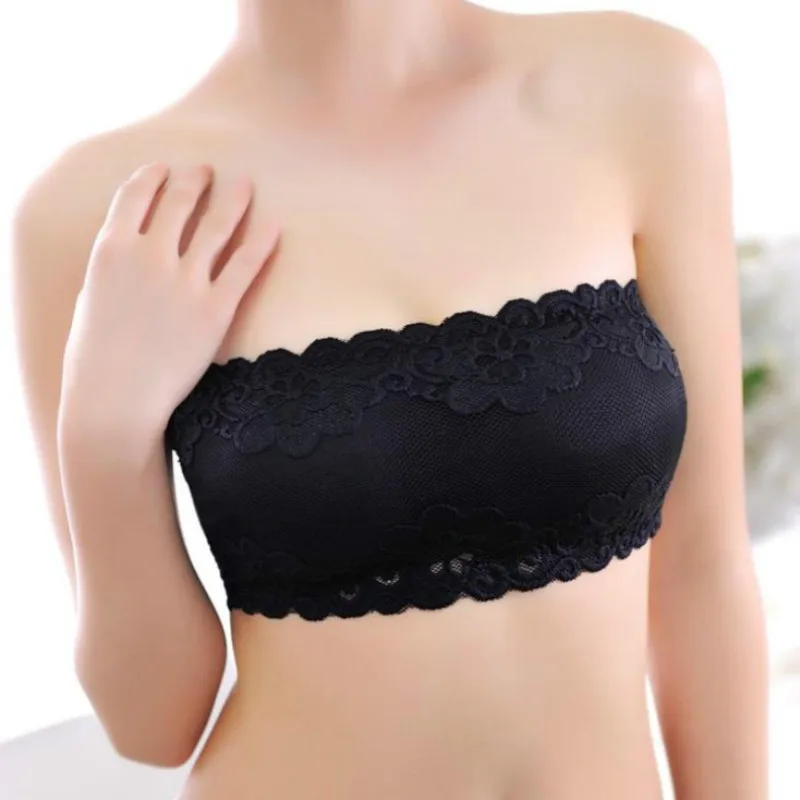 

New Solid One Size Lace Floral Full Cup Strapless Wire Free Wrapped Chest Female Bras Without Straps 5 Colors