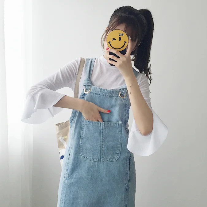 2018 Korean Style New Women Casual Big Pocket Jean Fashion Blue Side Open Hem Denim Dress Harajuku High Waist Long Girls Dresses