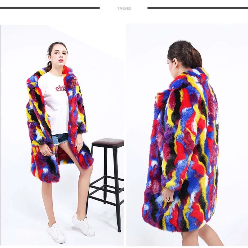 Новые осенние зимние толстые теплые кроличьи меховые длинные пальто женские сплайсированные панельные многоцветный мех пальто из искусственного меха женские Casaco Mw328
