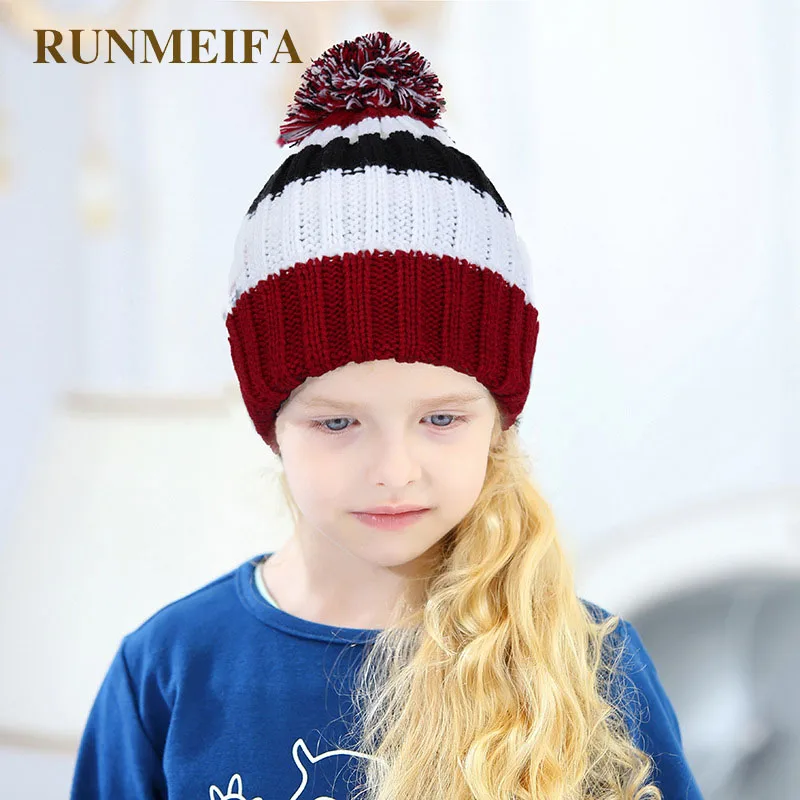 

RUNMEIFA Newest Fashion Child Beanies Winter And Spring Thick Acrylic Skullies For Boy And Girl Warm Hats With Lovely Pompom