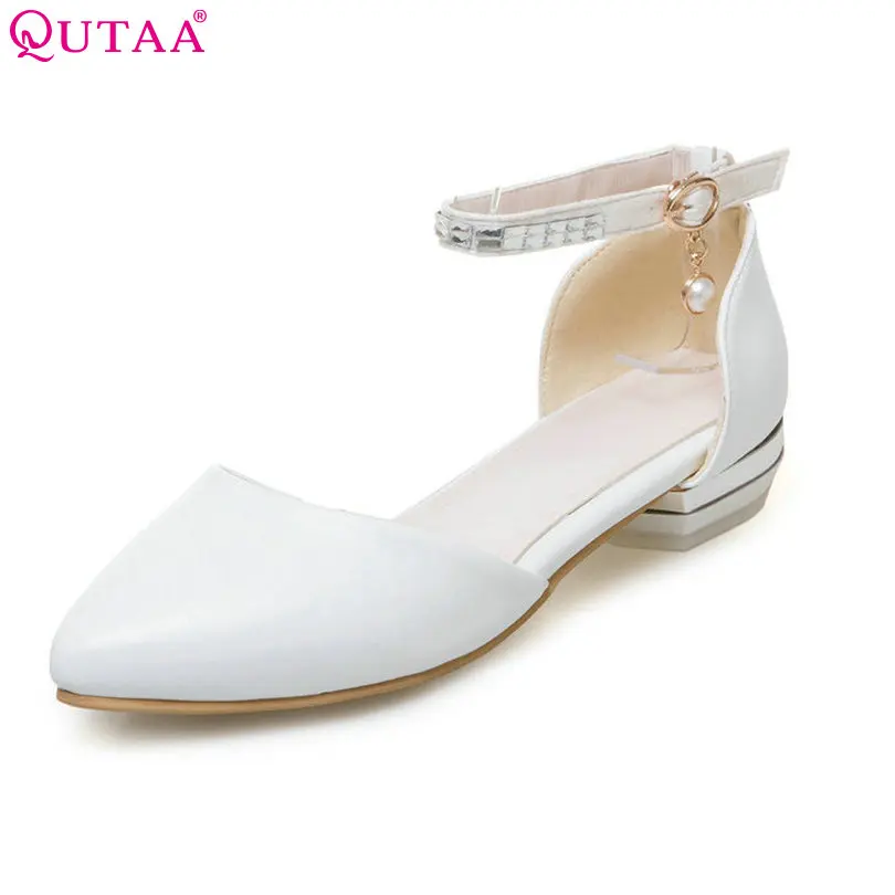

QUTAA 2020 Women Pumps Square Low Heel PU leather Pointed Toe String Bead Blue Ankle Strap Ladies Wedding Shoes Size 34-43