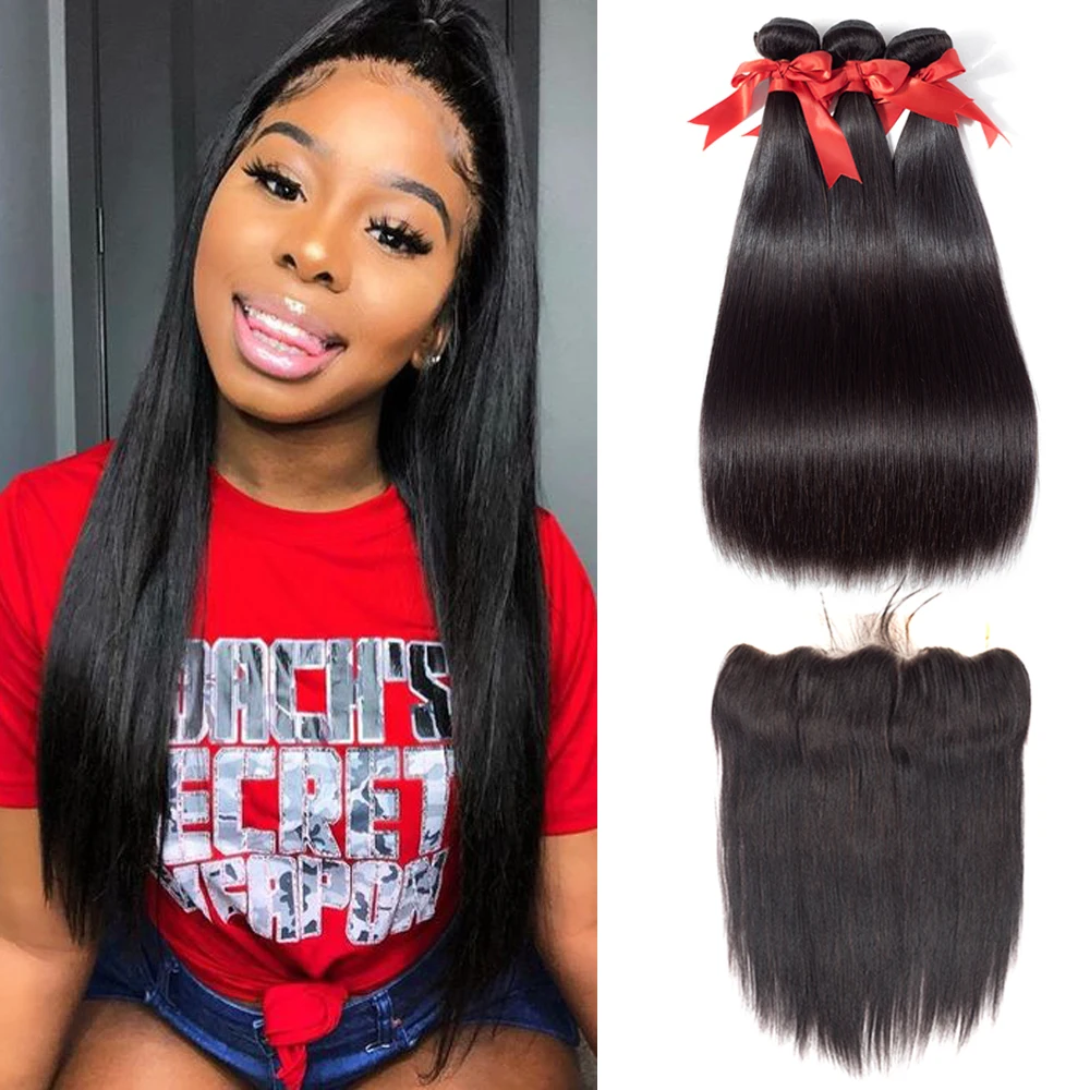 Straight Hair Bundles With Frontal 13*4 Peruvian Hair Lace Frontal With