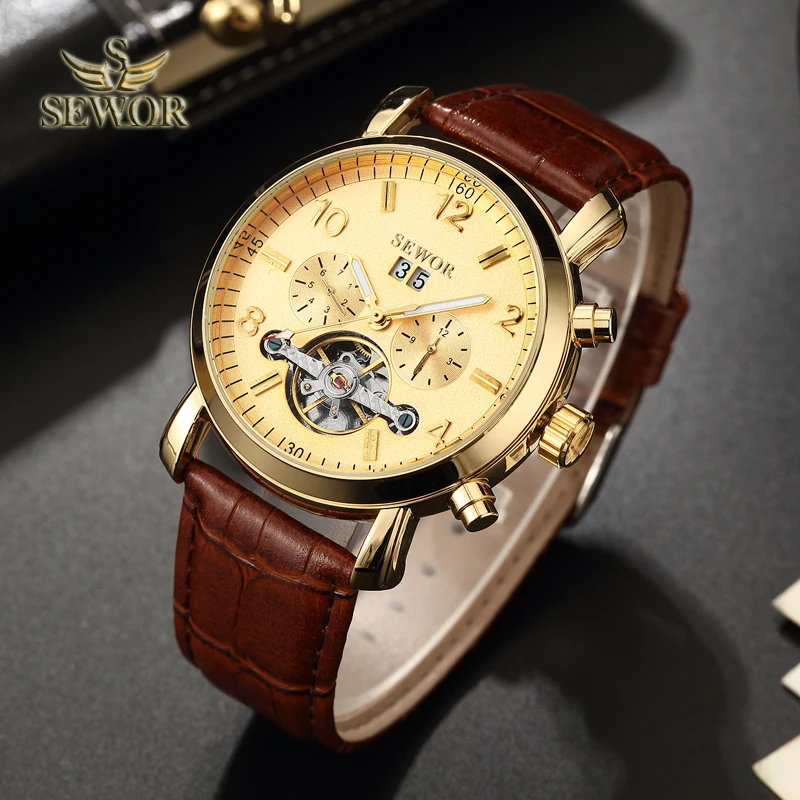 SEWOR Luxury Brand 2018 New Fashion Brown Leather Watch Band Gold Tourbillon Automatic Mechanical Men Sport Wrist Watch C391 SEWOR Luxury Brand 2018 New Fashion Brown Leather Watch Band Gold Tourbillon Automatic Mechanical Men Sport Wrist Watch C391