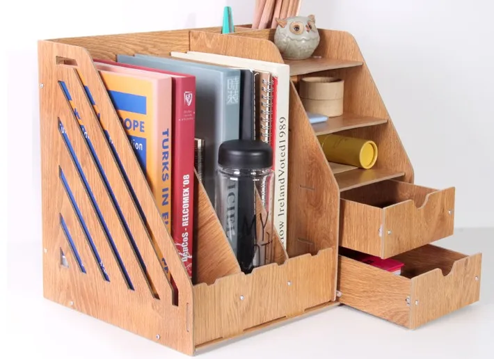 

small light wooden storage rack/file tray with a drawer, office or dormitory stationery rack