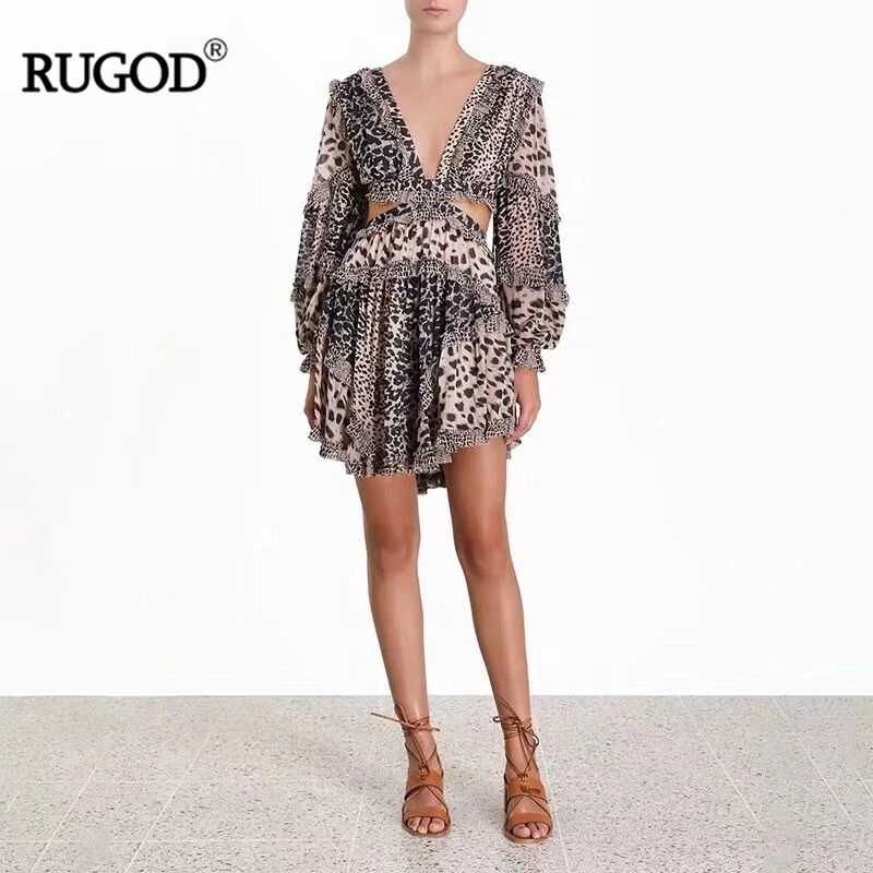 

RUGOD Leopard Dress Women Sexy V-neck Puff sleeve mini dress Elegant 2019 New summer Fashion Female long and short hollow out