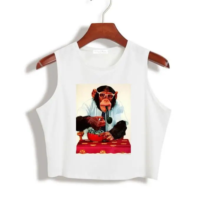 Для женщин укороченный Топ Harajuku забавные обезьянки Курение печати сексуальная тонкая рубашка для майка Tee Hipster жилет Последние Прямая поставка tz20-768