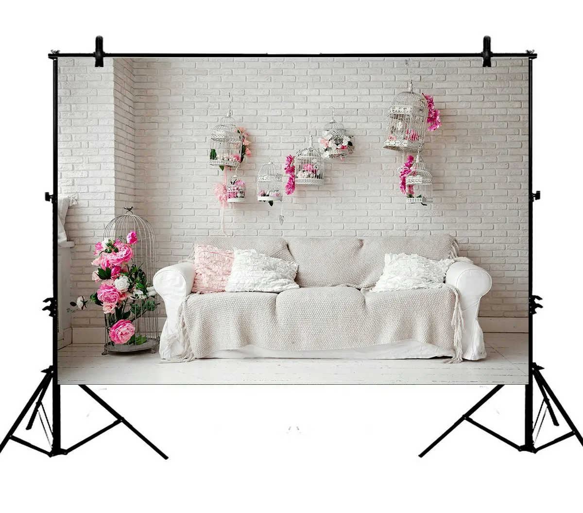 

5x7ft Valentine Day Sofa White Brick Wall Cage Scene Polyester Photo Background Portrait Backdrop