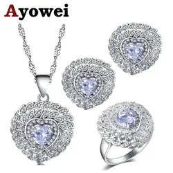 Ayowei для девочек белый циркон в форме сердца серебряные серьги ожерелье кулон кольца Ювелирные наборы США Размер #6 #7 #8 #9 #10 JS725A