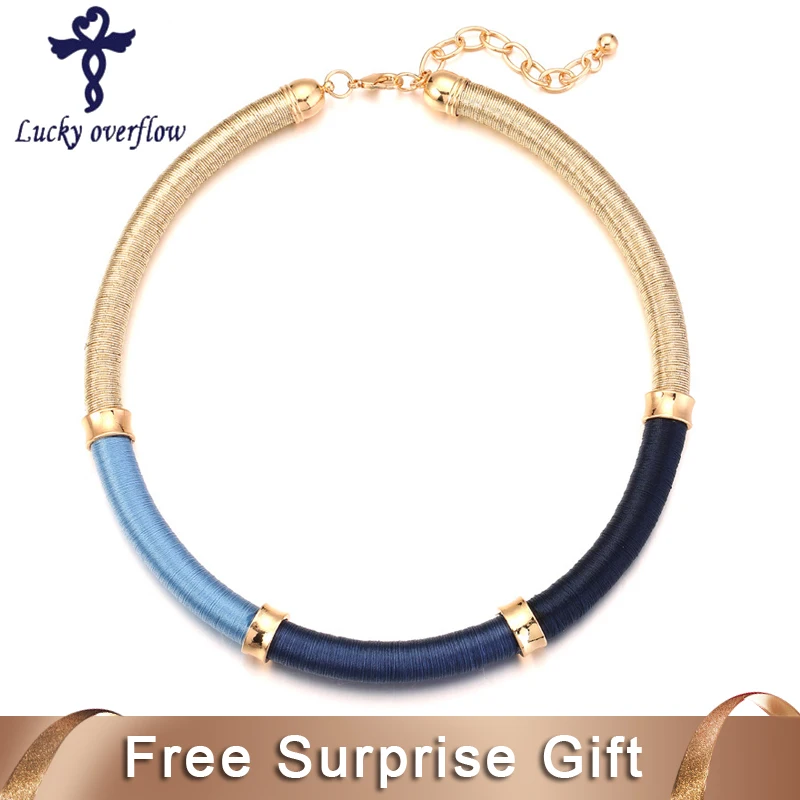 

2018 New Fashion Handmade Rope Gold Necklace For Women Simple Necklaces Torques Gold Blue Choker Brand Collar Necklaces