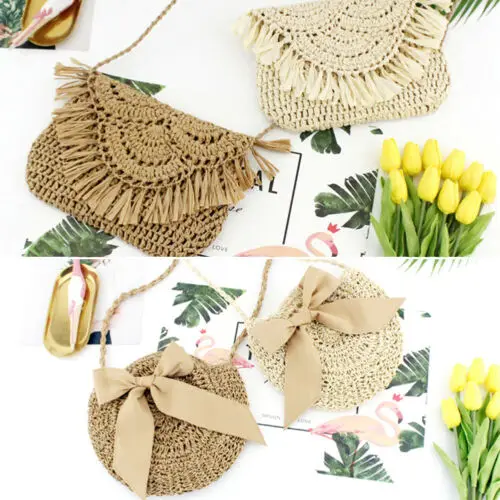 Women Straw Bag Summer Beach Rattan Shoulder Wicker Weave Cross Tote Handbag Ladies Fashion Bow  Handbags  Messenger Bags