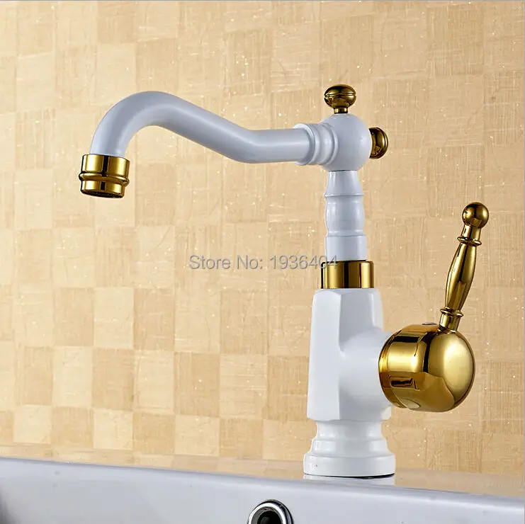 

Newly Grilled White Paint Golden Polished Faucets Bathroom Basin Sink Mixer Tap Faucet Hot and Cold Taps W3010