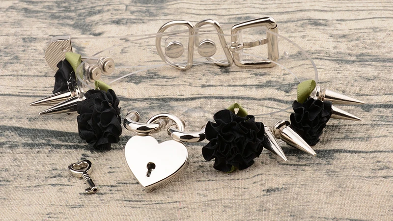 New Sexy Handcrafted Wholesale Harajuku Rose Clear Safe PadLock Heart Collar Chokers Necklace Flower Double Spikes Vinyl Chaplet 10