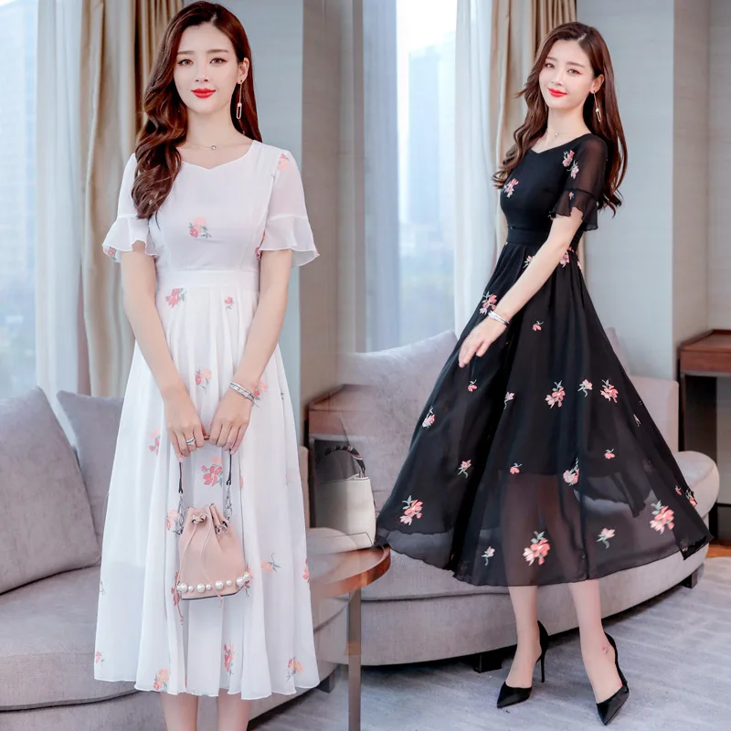 

2019 summer new floral chiffon dress temperament Slim sexy beach dress large size M-3XL high quality elegance vestidos