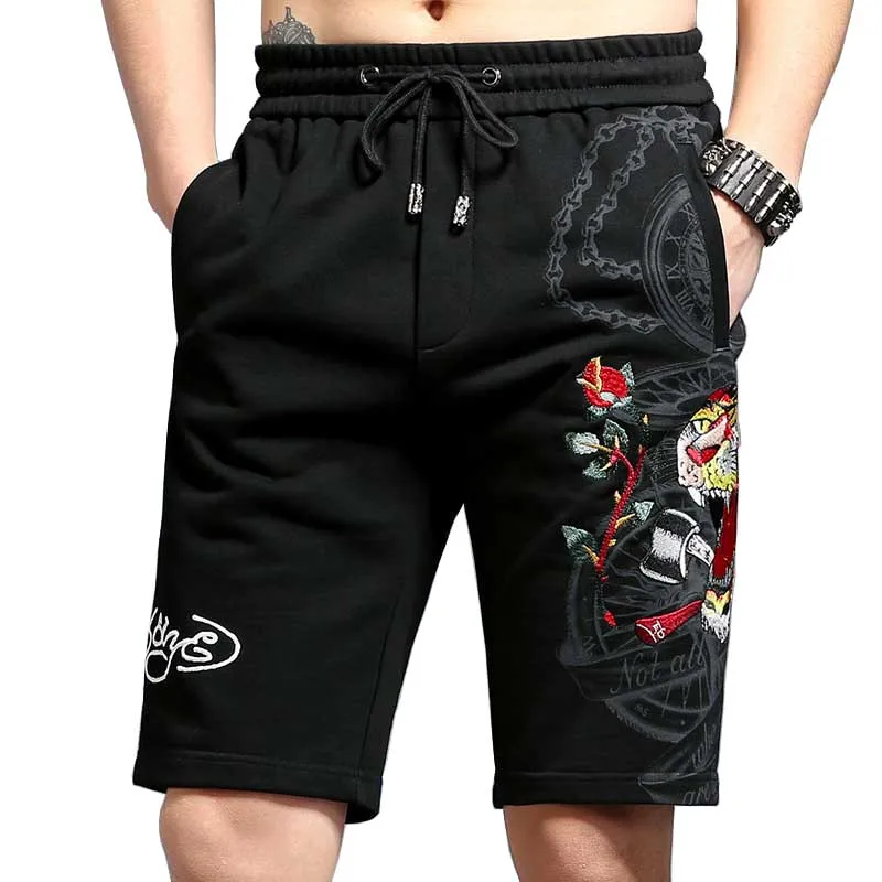 Новые летние модные голова тигра вышивка с цветочным принтом Рубашки домашние Для мужчин доска Шорты эластичный пояс Пляжные шорты мужской одежды
