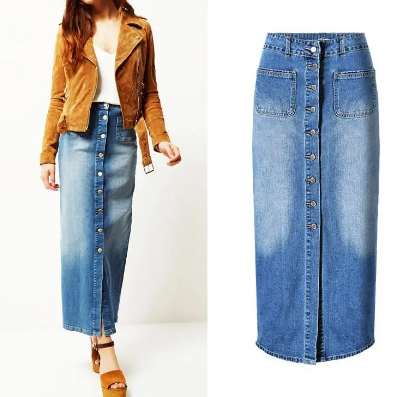 Women Straight Denim Skirts High Waist Long Button Slim Skirt With ...