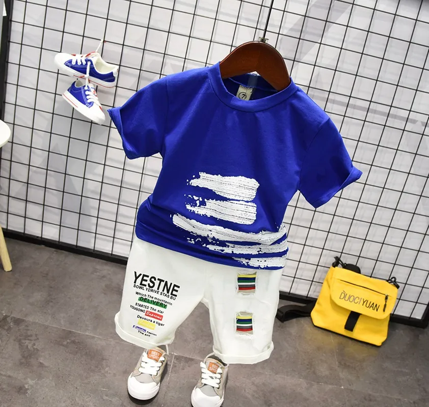 

2019 Summer Children kid's boy fashion casual Graffiti print short sleeve t-shirt +Denim Hole shorts 2 pcs Clothes Set C2366