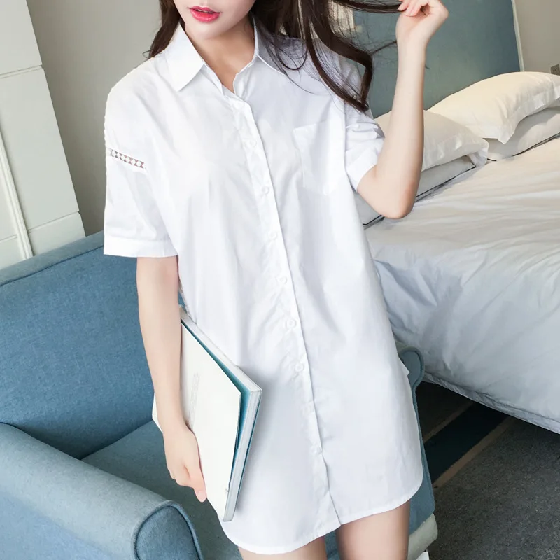 [EWQ] Spring Summer New Pattern Lapel Long Sleeve Solid Patchwork Single Breasted Hollow Out Casual Shirt Women AG81501 - Цвет: White Short Sleeves