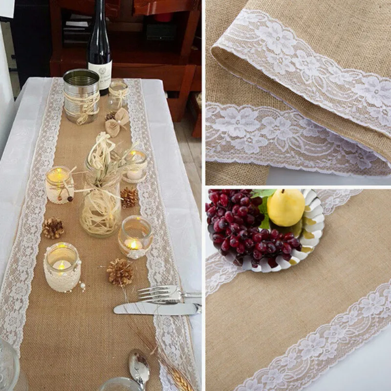 Fashion Hessian Burlap Ribbon Lace Table Runner Rustic Wedding Party
