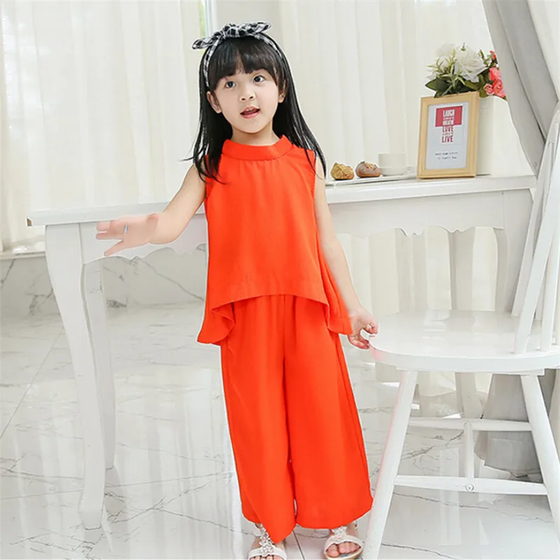 Summer Chiffon Tracksuit For Women 2016 Matching Mother And Daughter Clothes Sleeveless Lace Tops Pants Set Family Look Clothing (4)
