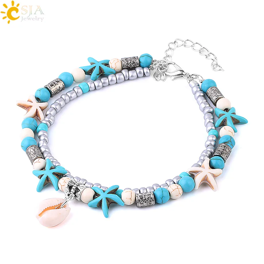

CSJA European Anklet Bracelet for Women Starfish Conch Double Layer Vintage Foot Jewelry Mizhu Yoga Beach Anklet Adjustable S188
