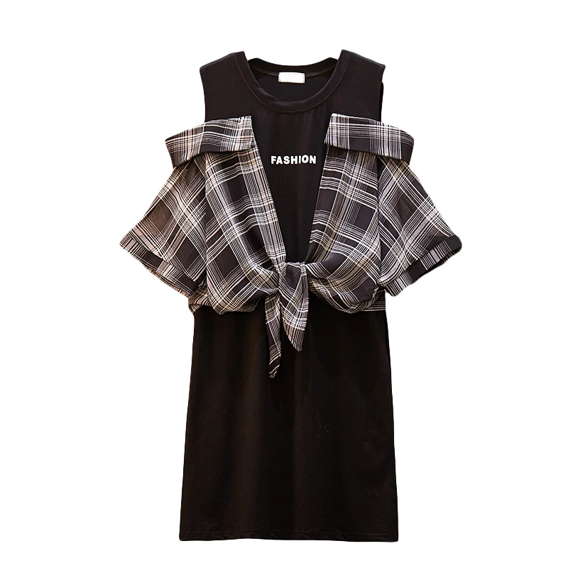 

Women Casual Striped Shirt Black Patchwork Dress Ladies Off The Shoulder O Neck Office Lady Dress 2019 Summer New Fashion Dress