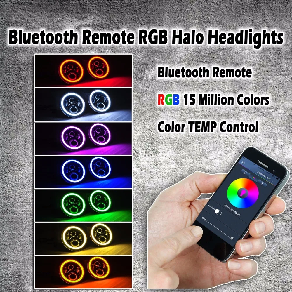 Для Wrangler JK CJ 7 дюймов RGB DRL Halo Ring круглый светодиодный фары ангельские глазки с разноцветным Bluetooth пультом дистанционного управления для Jeep